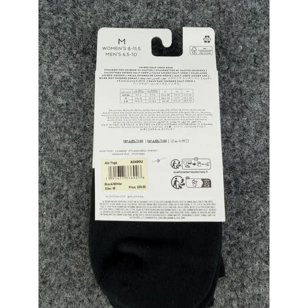 NWT Alo Yoga Unisex Half-Crew Socks – Black/White – Size M / W 8-11.5 / M 6.5-10